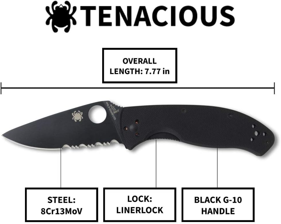 Spyderco, Tenacious Folding Utility Pocket Knife with 3.39" Black Stainless Steel Blade and Durable G-10 Handle - Everyday Carry - CombinationEdge - C122GBBKPS