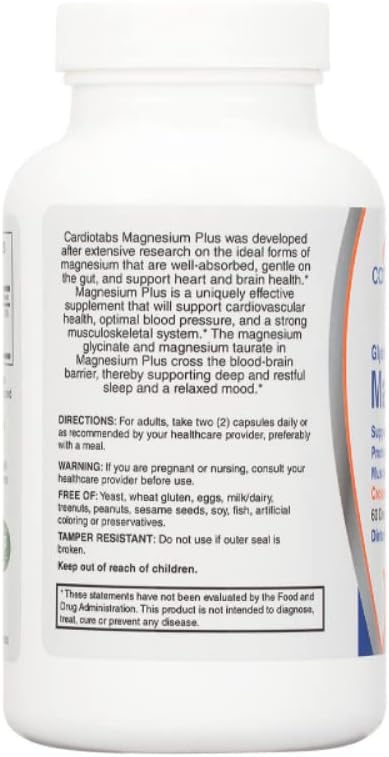 CardioTabs, Magnesium Plus – 200 mg of Magnesium Glycinate and Magnesium Taurate for Blood Pressure, Heart, Brain, Sleep & Mood Support – Highly Concentrated and Well Absorbed - 120 Capsules