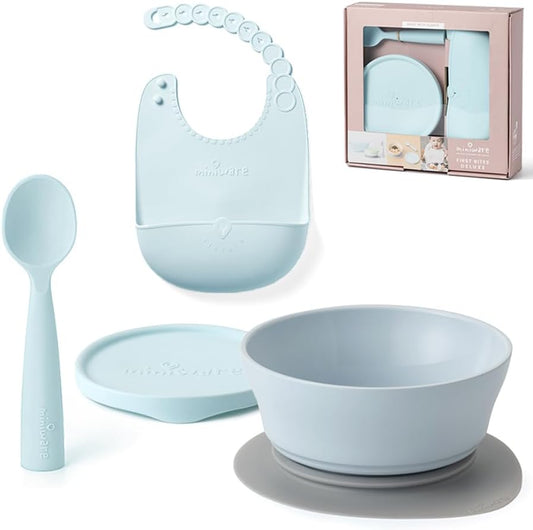Miniware, First Bites Deluxe Set: Cereal Bowl, Detachable Suction Foot, Training Spoon, Silicone Bib for Baby Toddler Kids | Promotes Self Feeding | BPA Free | Dishwasher Safe (Aqua)