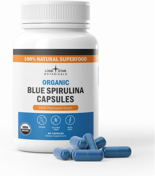 Lone Star, Organic Blue Spirulina Capsules – 100% Pure Blue-Green Algae, No Fishy Smell, Superfood Supplement, Vegan, Non-GMO, Gluten-Free – 60 Capsules