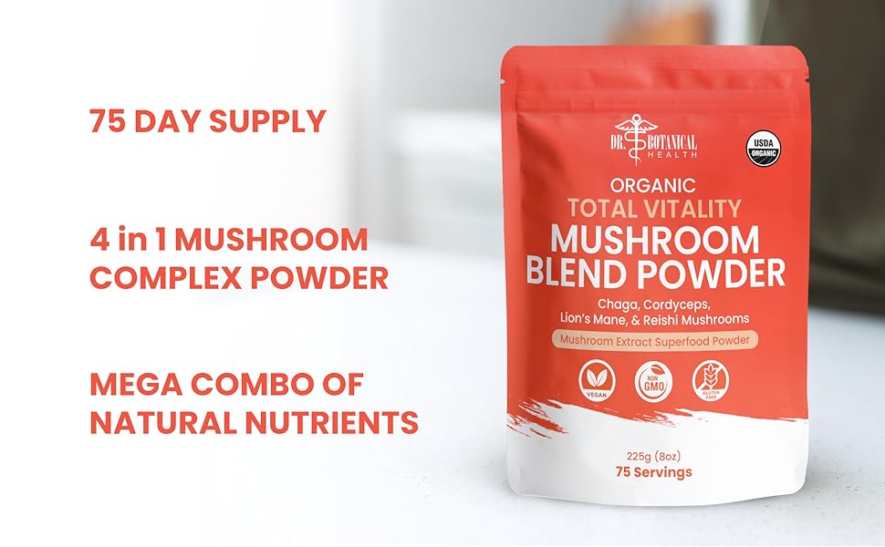 Dr. Botanical Health, Organic Mushroom Powder Blend - 4-in-1 Reishi, Lion’s Mane, Cordyceps and Chaga Mushroom Supplement Extract Complex, Mushroom Blend Powder for Immune Boost & Brain Support, Add to Coffee, Tea or Water