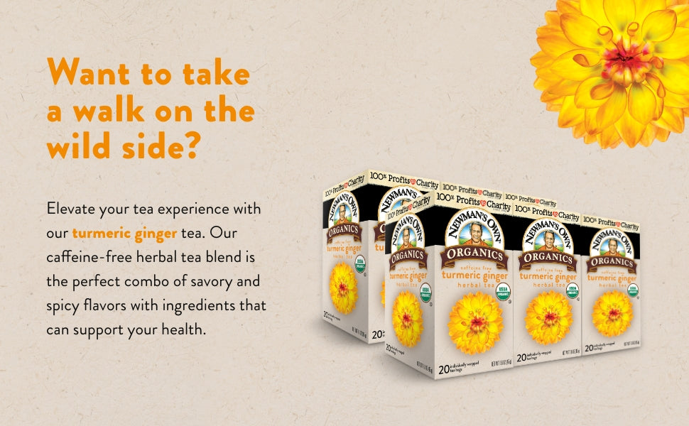 Newman's Own Organic, Turmeric Ginger Herbal Tea, Caffeine-Free, Savory & Spicy Flavors Combined For The Perfect Cup Of Tea, 6 Pack Of 20 Tea Bags Individually Wrapped, 120 Teabags Total