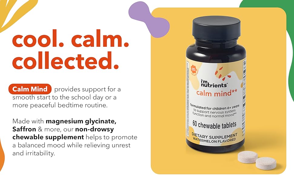 I’m Nutrients, Calm Mind | Saffron Supplements for Kids | Nervous System Support | Kids Magnesium | Vitamin B6 | Zinc | Naturally Flavored | No Artificial Ingredients | 60 Chewable Tablets