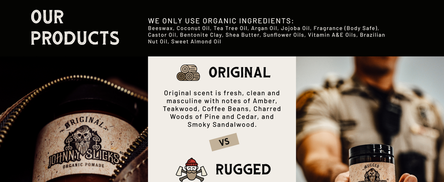 Johnny Slicks, Oil Based Pomade | Organic Hair Styling for Men, Low to Medium Hold | Promotes Healthy Hair Growth & Helps Hydrate Dry Skin, (Rugged, 4 Ounce) Veteran Owned, USA Made.