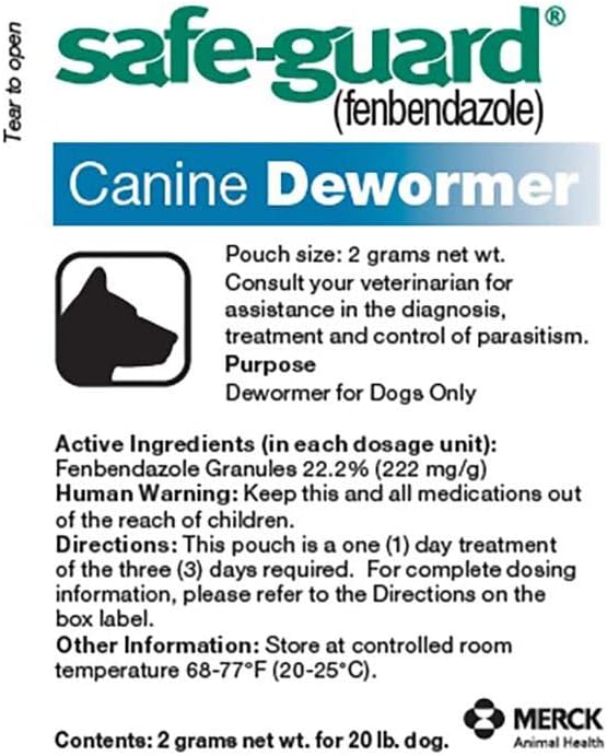 Merck, SAFE-GUARD (fenbendazole) Canine Dewormer for Dogs, 2gm pouch (ea. pouch treats 20lbs.), Blue, 0.07 Ounce (Pack of 3) (033576/001-033576)