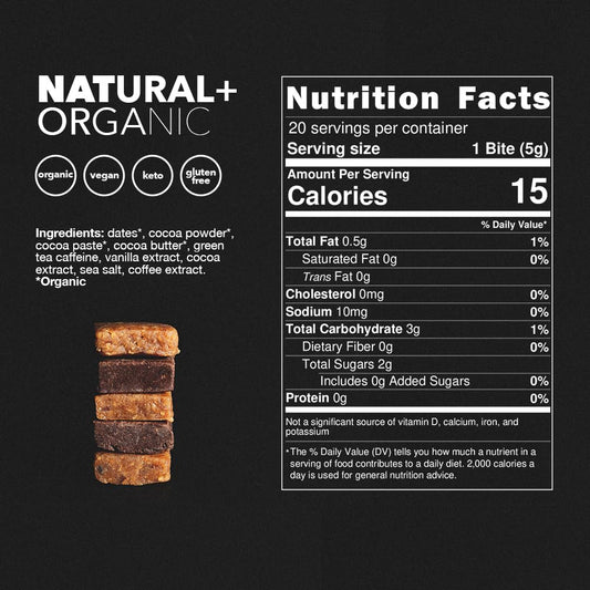 CAFF, All Natural Energy Bites - Caffeinated Chocolate for Energy Boost - No Added Sugar - 65mg Caffeine Chocolate Bites – 15 Calorie Organic Caffeine Snacks - Vegan, Gluten-Free, Keto (20 Bites)