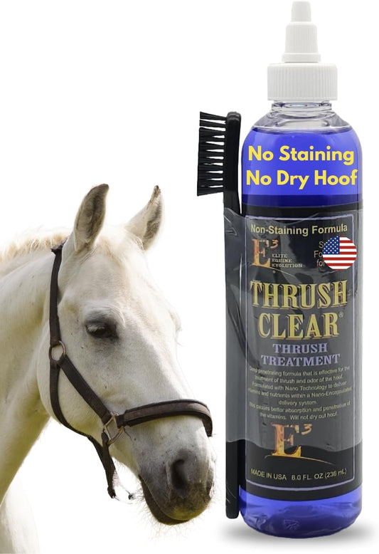 E3, Thrush Clear for Horses - 8oz - Non-Staining Quick Acting Formula. Horse Thrush Treatment. Hoof Hardener. Applicator Brush Included.