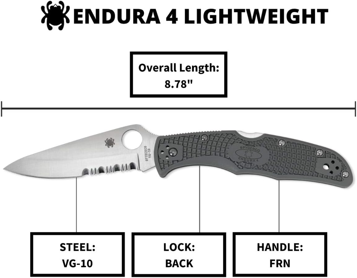 Spyderco, Endura 4 Lightweight Signature Knife with 3.80" VG-10 Steel Blade and Foliage Green FRN Handle - CombinationEdge - C10PSFG