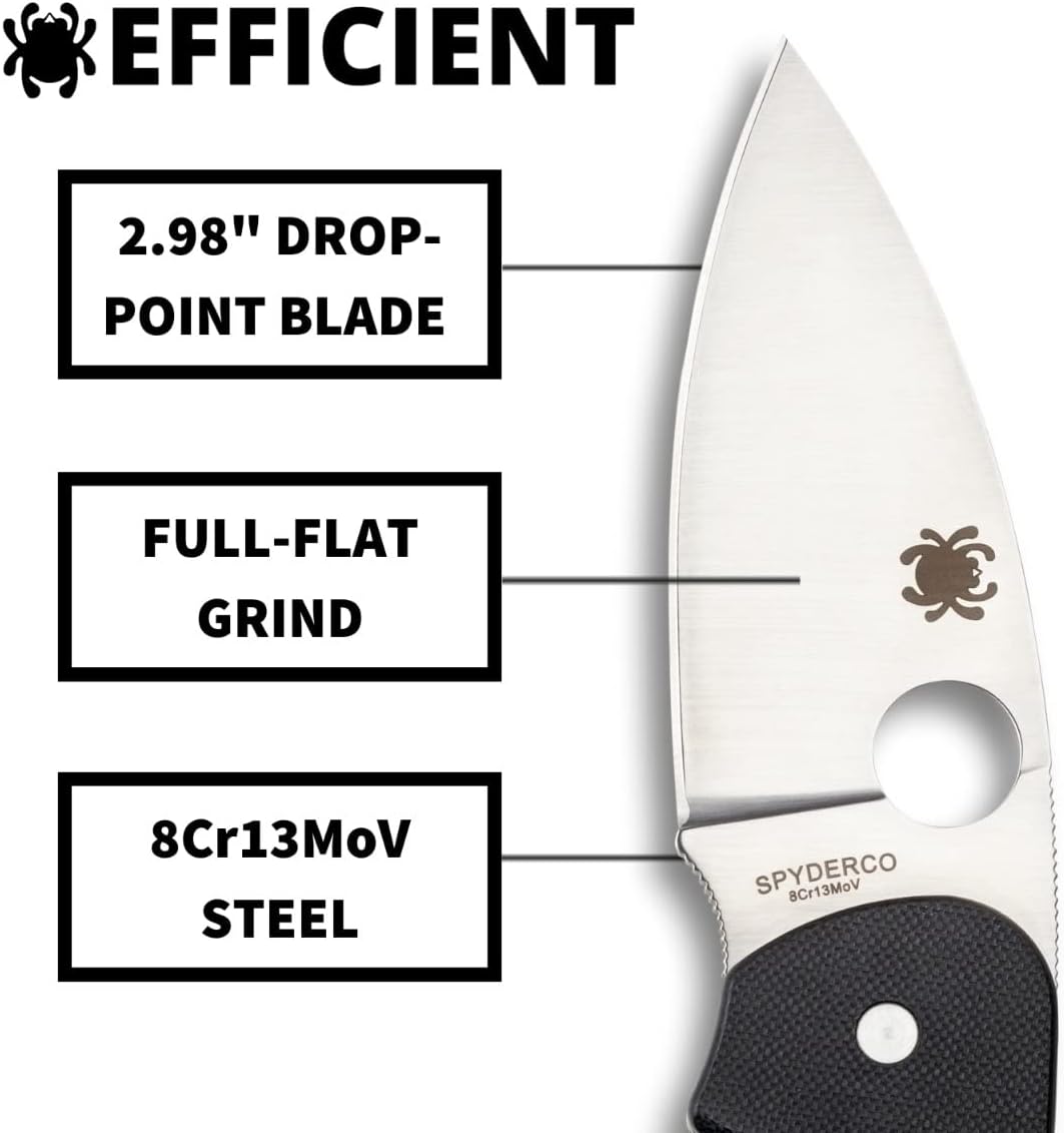 Spyderco, Efficient Value Knife with 2.98" Stainless Steel Drop-Point Blade and Durable Black G-10 Handle - PlainEdge - C216GP