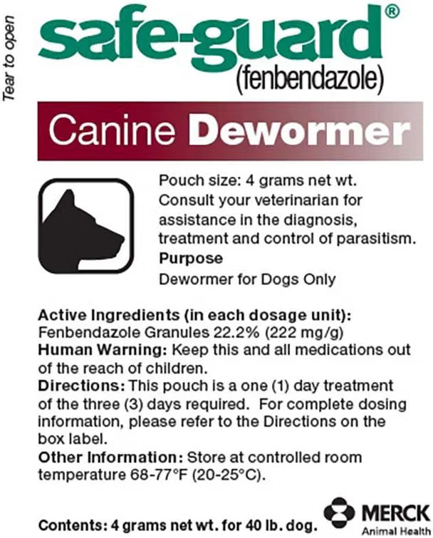 Safe-Guard, (fenbendazole) Canine Dewormer for Dogs, 4gm pouch (ea. pouch treats 40lbs.)