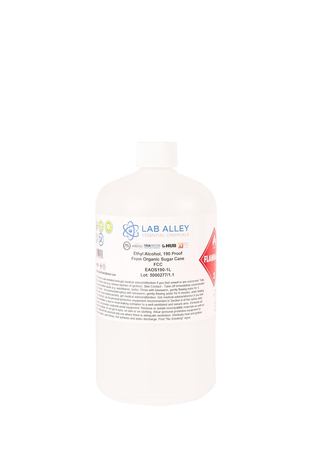 Lab Alley, Ethanol 190 Proof (95%) Certified Organic/Vegan Sugar Cane Alcohol, FCC Food Grade-1 Litre
