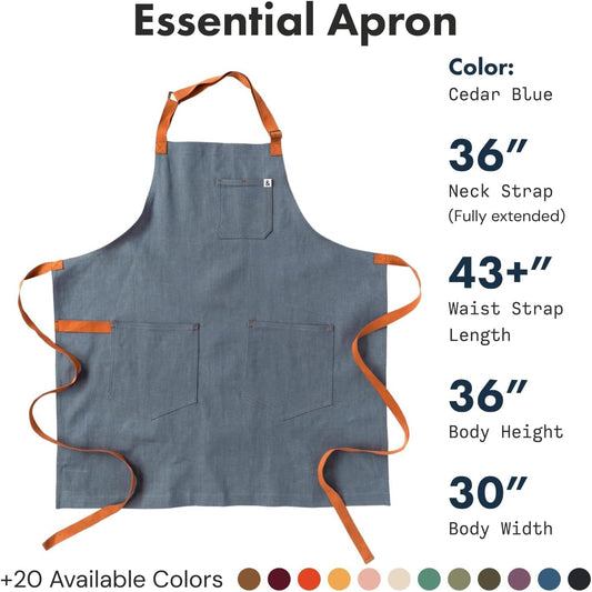 Hedley & Bennett, Essential Apron - Adjustable Bib Chef Apron with 3 Pockets & Towel Loop - 8oz Cotton Denim - Cedar Blue