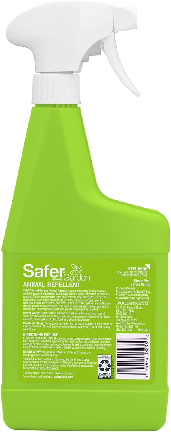 Safer, Garden Animal Repellent Ready-to-Use Spray – Dual-Action Formula Repels Birds, Cats, Deer, Dogs, Groundhogs, Rabbits, Raccoons, Skunks & Squirrels – Protects up to 375 Sq Ft - SG3145, 24 fl oz