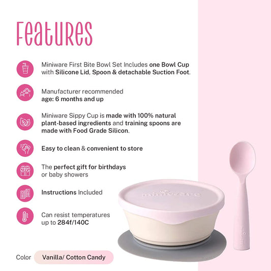 Miniware, First Bites Baby Feeding Set with Baby Bowl, Detachable Suction Foot, and Baby Spoon - Eco-Friendly, BPA Free, Dishwasher Safe Baby Eating Essentials(Vanilla & Cotton Candy)