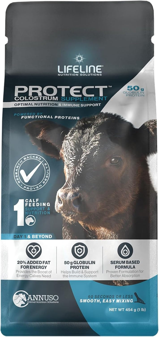 ANNUSO, LIFELINE Protect Colostrum Supplement for Calves, 1lb Bag - 50g Globulin Protein per Feeding - 20% Added Fat and Carbohydrates - Immune and Energy Support for Newborn Calves