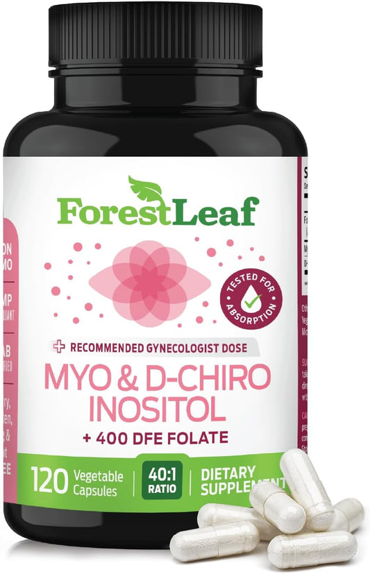 ForestLeaf, Myo-Inositol & D-Chiro Inositol Supplement for Women's Health | Fertility Supplements Women | Inositol 40:1 Ratio Support Ovarian Function & Healthy Hormone Balance Women | 2050mg | 120 Powder Caps