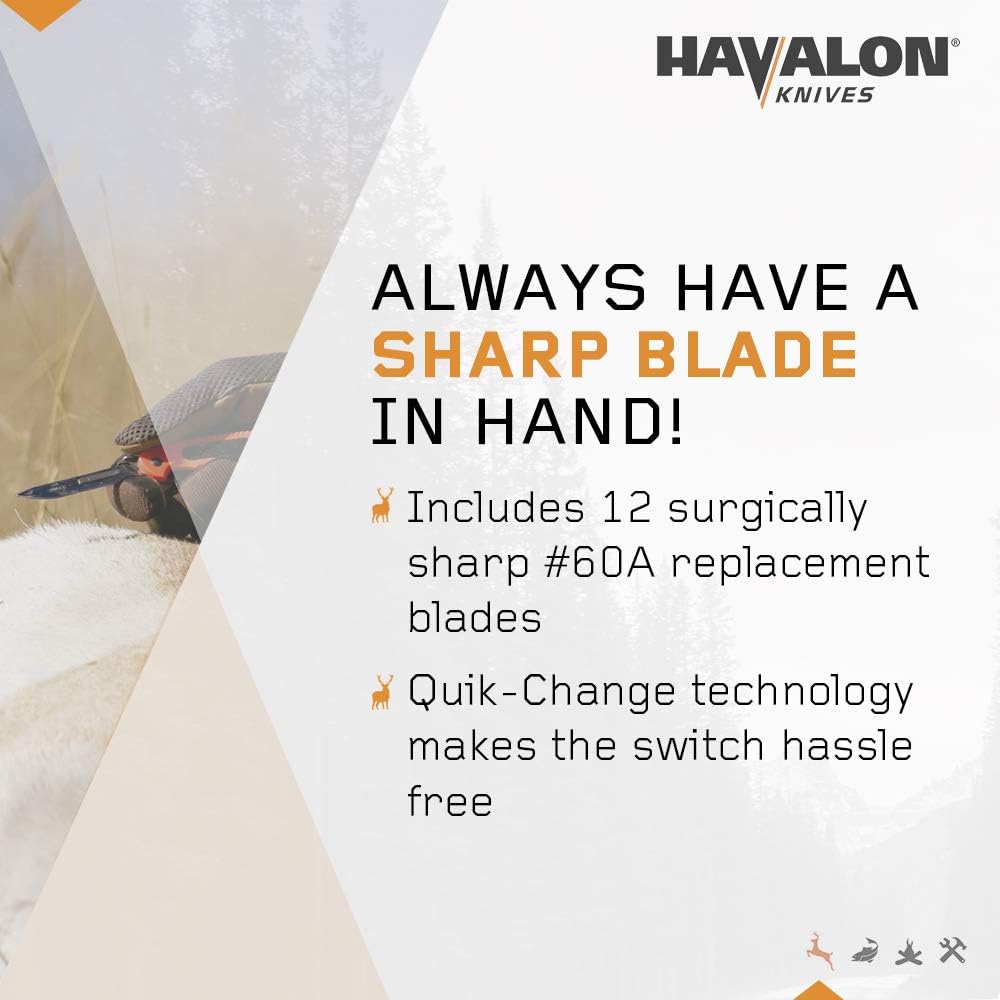 Havalon, Piranta-Edge - Outdoor Knife + 12 Replacement Blades, Sharp Skinning Knives for Hunting, Fishing, Deer & Survival, Orange