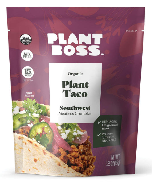 PLANT BOSS, Southwest Plant Taco Crumbles | Organic Meatless Crumbles | 15g Protein Per Serving | Soy-Free | 3.35 oz bag | Pack of 6
