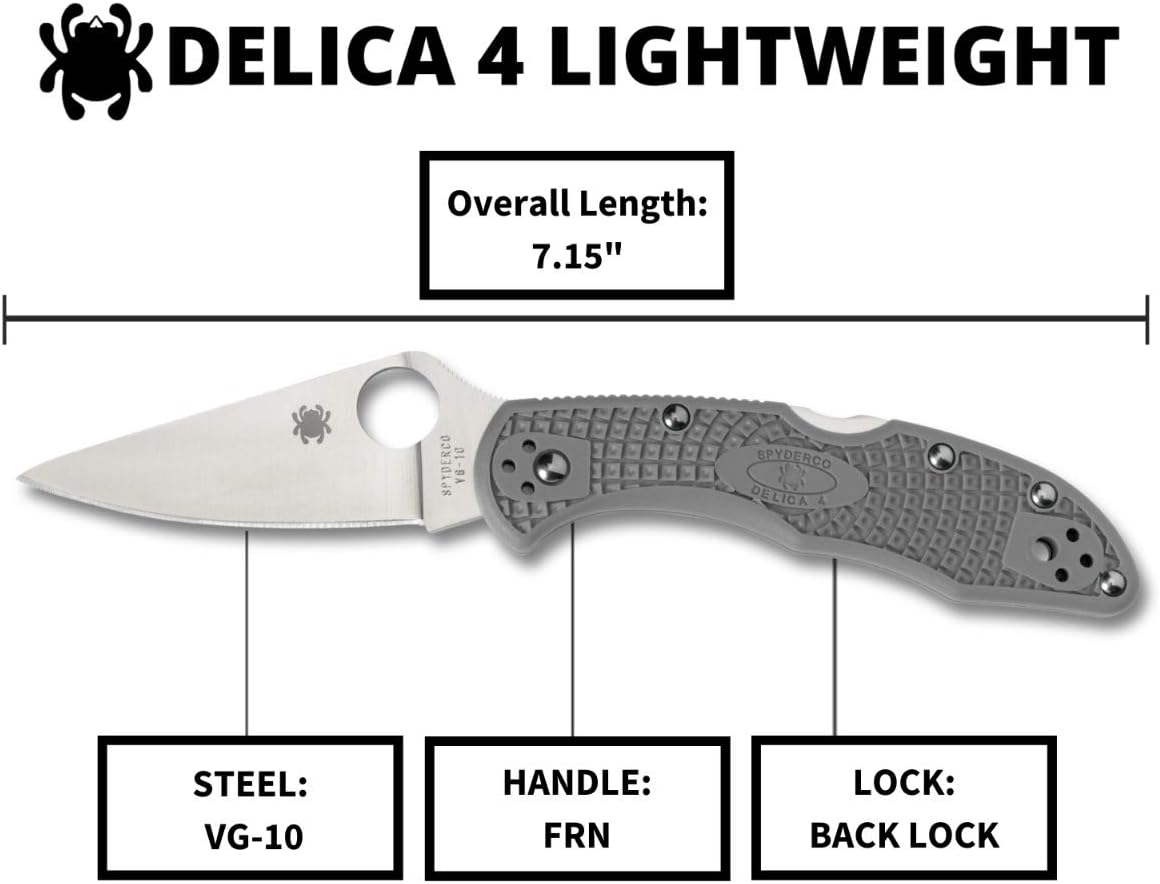 Spyderco, Delica 4 Lightweight 7.15" Signature Folding Knife with 2.90" Flat-Ground Steel Blade and High-Strength FRN Handle - PlainEdge Grind