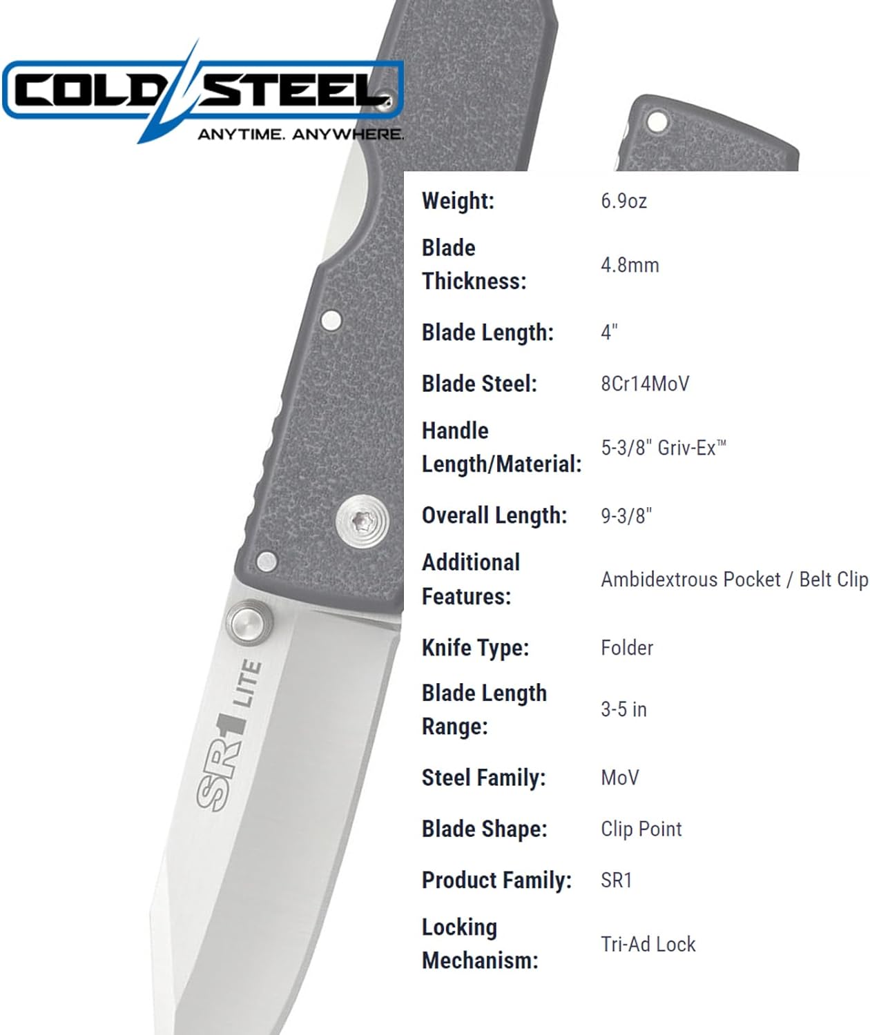 Cold Steel, SR1 Lite 8Cr14MoV Steel 4" Blade Griv-Ex Handle Tactical Self-Defense Folding Knife with Tri-Ad Locking Mechanism, Pocket/Belt Clip
