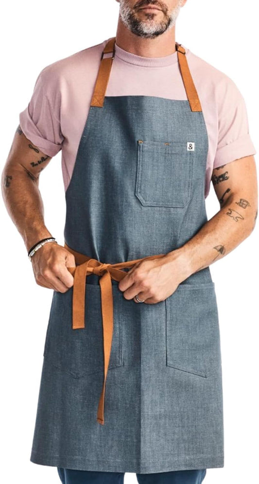 Hedley & Bennett, Essential Apron - Adjustable Bib Chef Apron with 3 Pockets & Towel Loop - 8oz Cotton Denim - Cedar Blue