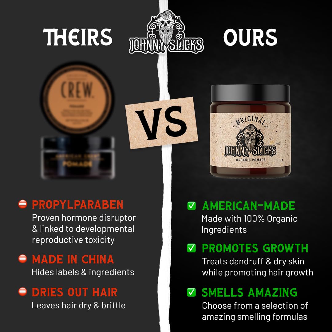 Johnny Slicks, Oil Based Pomade | Organic Hair Styling for Men, Low to Medium Hold | Promotes Healthy Hair Growth & Helps Hydrate Dry Skin, (Rugged, 4 Ounce) Veteran Owned, USA Made.
