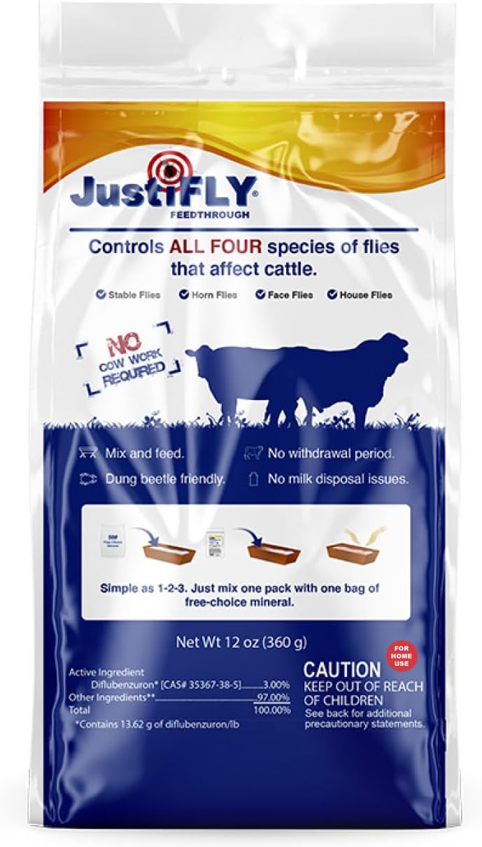 JustiFLY, Champion USA, Feedthrough Cattle Fly Control, Single | Non-Toxic Larvicide. Controls All Four Fly Species That Affect Cattle. Over 50 Million Head Treated