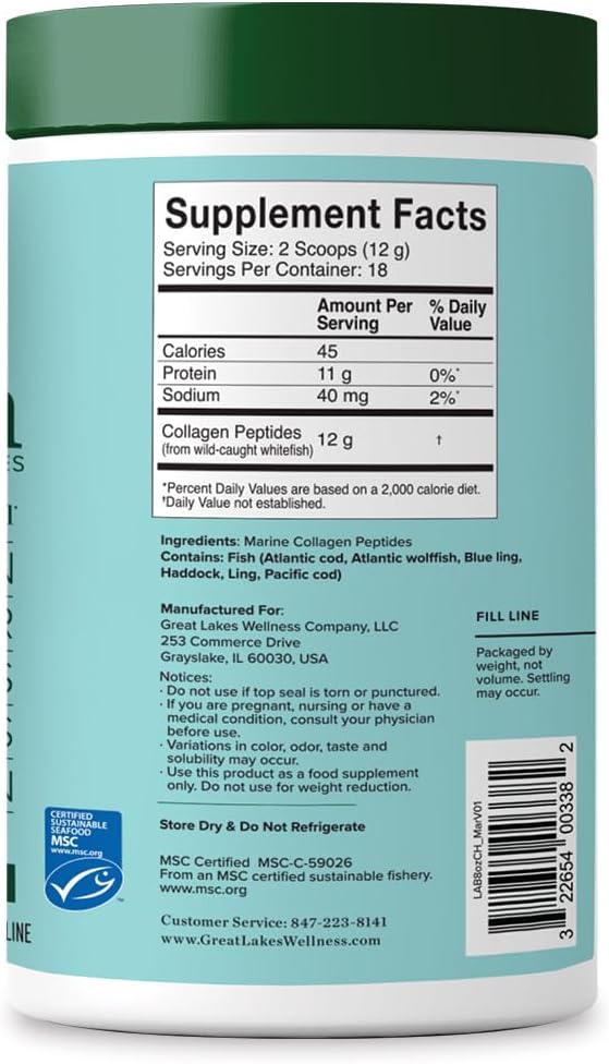 Great Lakes Wellness, Sustainable Marine Collagen Peptides Powder for Skin, Hair, Nails, Joints & Digestion - Unflavored - Quick Dissolve Hydrolyzed, Wild Caught, MSC Certified, Non-GMO, Kosher - 8 oz