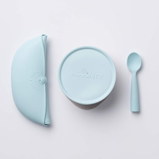 Miniware, First Bites Deluxe Set: Cereal Bowl, Detachable Suction Foot, Training Spoon, Silicone Bib for Baby Toddler Kids | Promotes Self Feeding | BPA Free | Dishwasher Safe (Aqua)