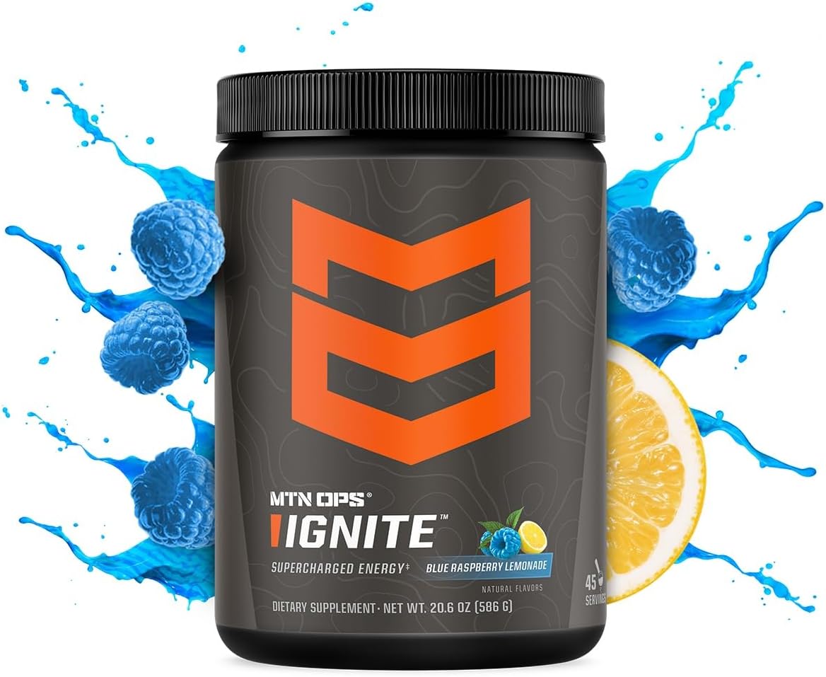 MTN OPS, Ignite Energy Drink Powder, Gluten Free Nootropic Supplement Drink Mix, L Arginine, L Citrulline, Caffeine & Nootropic Sugar Free Drink Mix, 45 Servings, Blue Raspberry Lemonade