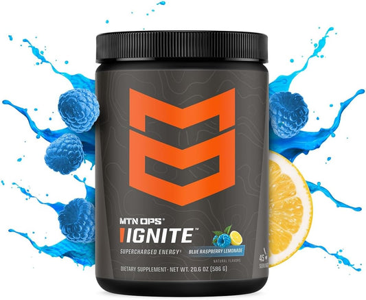 MTN OPS, Ignite Energy Drink Powder, Gluten Free Nootropic Supplement Drink Mix, L Arginine, L Citrulline, Caffeine & Nootropic Sugar Free Drink Mix, 45 Servings, Blue Raspberry Lemonade