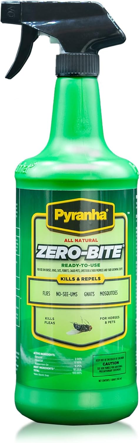 PYRANHA, Zero-Bite All Natural Fly Spray - Ready to Use Water Based Repellent for Horses, Dogs, Cats, Ferrets, Caged Pets, Livestock | Repels Flies, Gnats, Mosquitoes, No-See-UMS