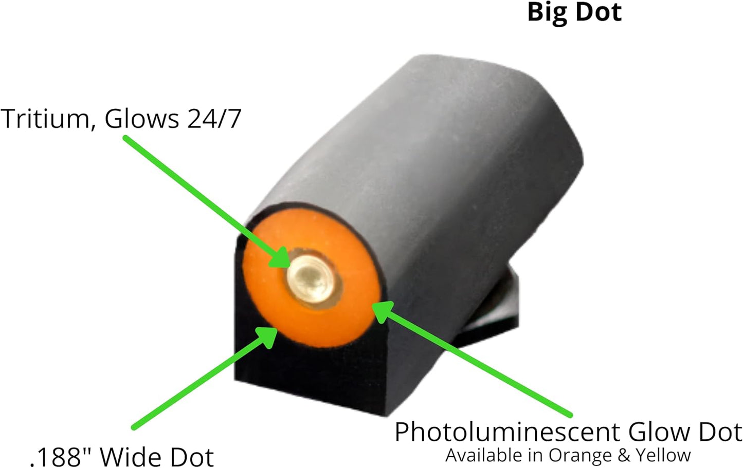XS Sights, DXT2 Big Dot Tritium Night Sights. Tritium Front and Rear set. Fits Glock 17,19,19X,20,21,22,23,24,26,27,29, 30,31,32,34,35,36,37,38,39,40,41,42,43,43X,45,48,49 models including MOS versions