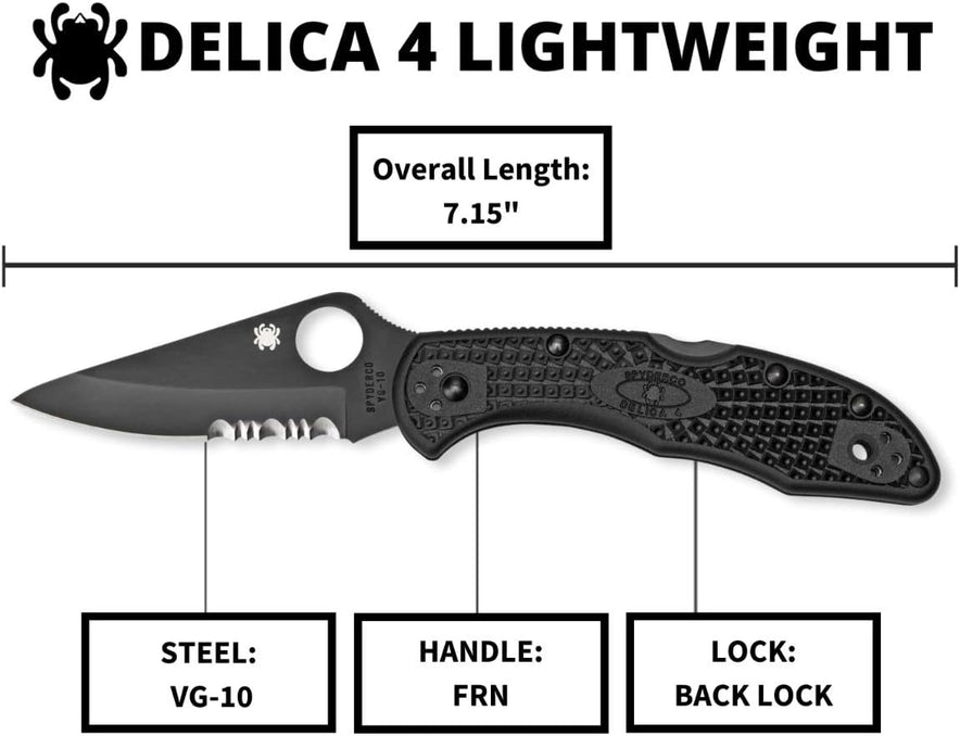 Spyderco, Delica 4 Lightweight Signature Knife with 2.90" Saber-Ground Black Steel Blade and FRN Handle - CombinationEdge - C11PSBBK