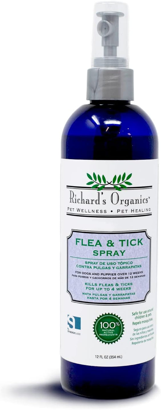 Richard’s Organics, Gentle Flea and Tick Spray for Dogs –100% Natural Actives Kills Fleas, Ticks, Repels Mosquitos for Up to 4 Weeks – No Harsh Chemicals, Safe for Use Around Children (12 oz)