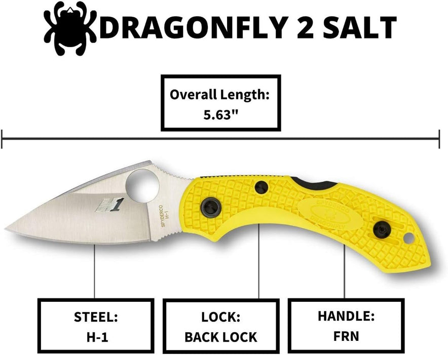 Spyderco, Dragonfly 2 Lightweight Salt Knife with 2.25" H-1 Steel Blade and High-Strength Yellow FRN Handle - PlainEdge - C28PYL2