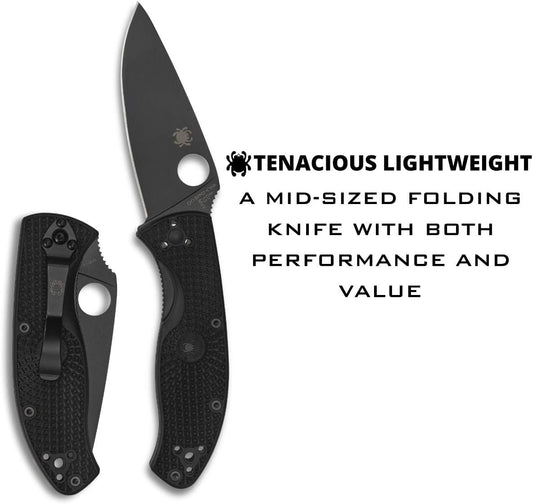 Spyderco, Tenacious Lightweight Folding Utility Pocket Knife with 3.39" Black Stainless Steel Blade and Black FRN Handle - Everyday Carry - PlainEdge - C122PBBK