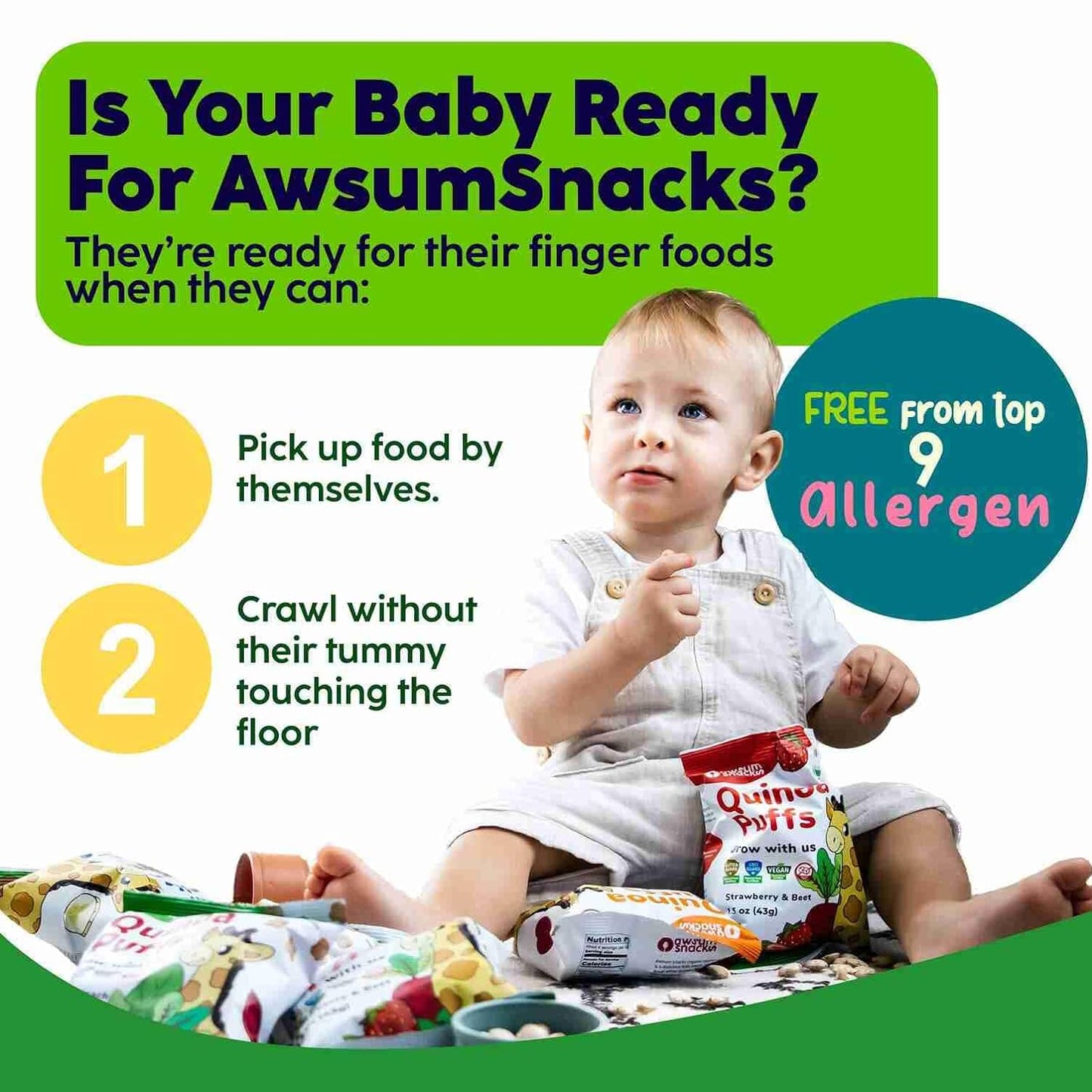 Awsum Organics, Baby Snacks - Happy Healthy Baby Food - Snack for Babies - Organic Vegan Kosher Gluten Free - Natural Plant Based Puffs - Non-Allergy - No Added Sugar 0.75 Oz Bag (Variety, 12 bags)