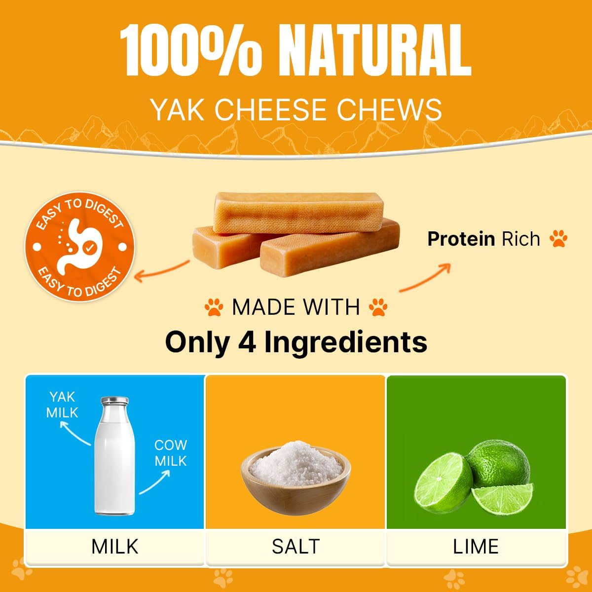 Tibetan Yak Cheese Dog Chew, Sticks (2 Medium Chews) - Natural, Handmade, Long-Lasting, Easy to Digest, Ideal for Medium Dogs and Aggressive Chewers, Rawhide, Grain and Gluten Free, Keeps Dogs Busy