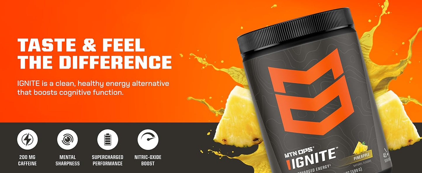 MTN OPS, Ignite Sugar Free Energy Drink Powder with 200mg Caffeine, Nootropic Blend for Energy, Focus & Endurance, L Arginine & L Citrulline Pre Workout, 45 Servings, Pineapple