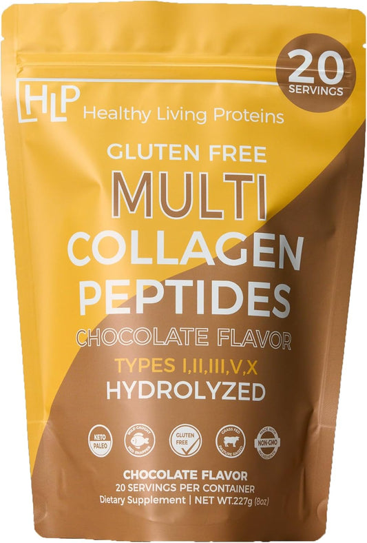 Healthy Living Proteins, Hydrolyzed Multi Collagen Peptides Powder Types I, II, III, V & X - Grass Fed Bovine, Wild Caught Marine, Free Range Chicken - Gluten Free (Chocolate, 8 oz)