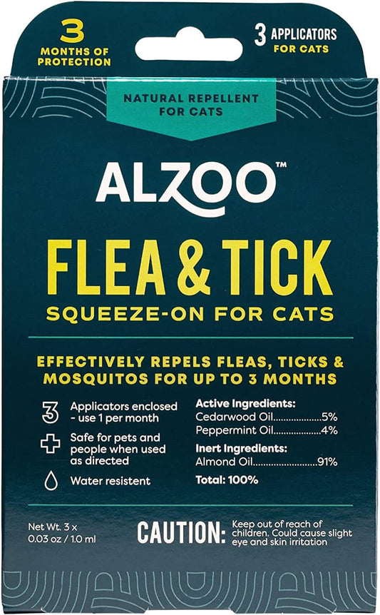 ALZOO, Natural Flea & Tick Squeeze-On for Cats, Helps Repel Fleas, Ticks & Mosquitos, Up to 3-Months Protection, Plant-Based Active Ingredients, Water-Resistant, 3 EZ-On Applicators Per Pack