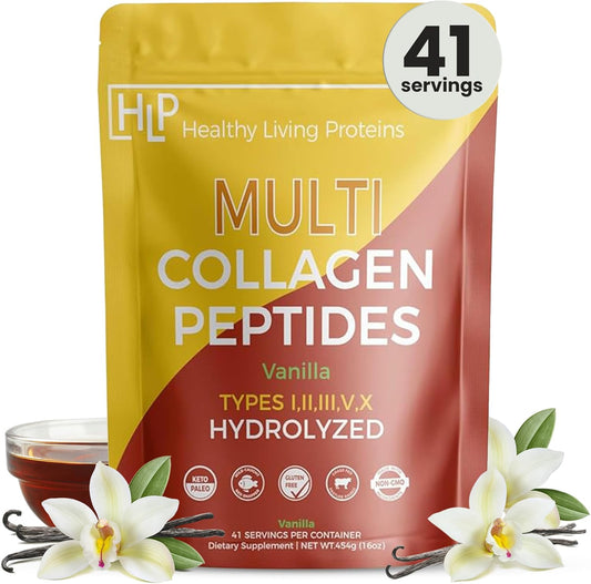 Healthy Living Proteins, Hydrolyzed Multi Collagen Peptides Powder Types I, II, III, V & X - Grass Fed Bovine, Wild Caught Marine, Free Range Chicken - Gluten Free (Vanilla, 16 oz)