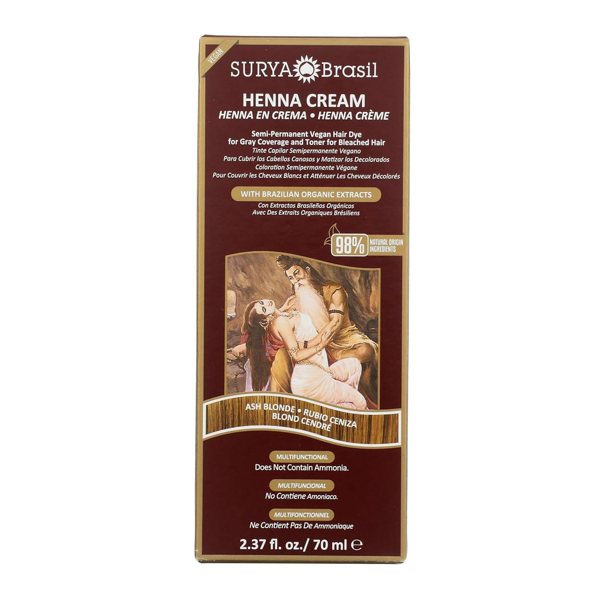 Surya Brasil, Henna Cream Ash Blonde - 98% Natural Ingredients, Vegan, Cruelty-Free, Eco-Friendly, Semi-Permanent Hair Color, Deep Hydration & Shine, 2.37 oz