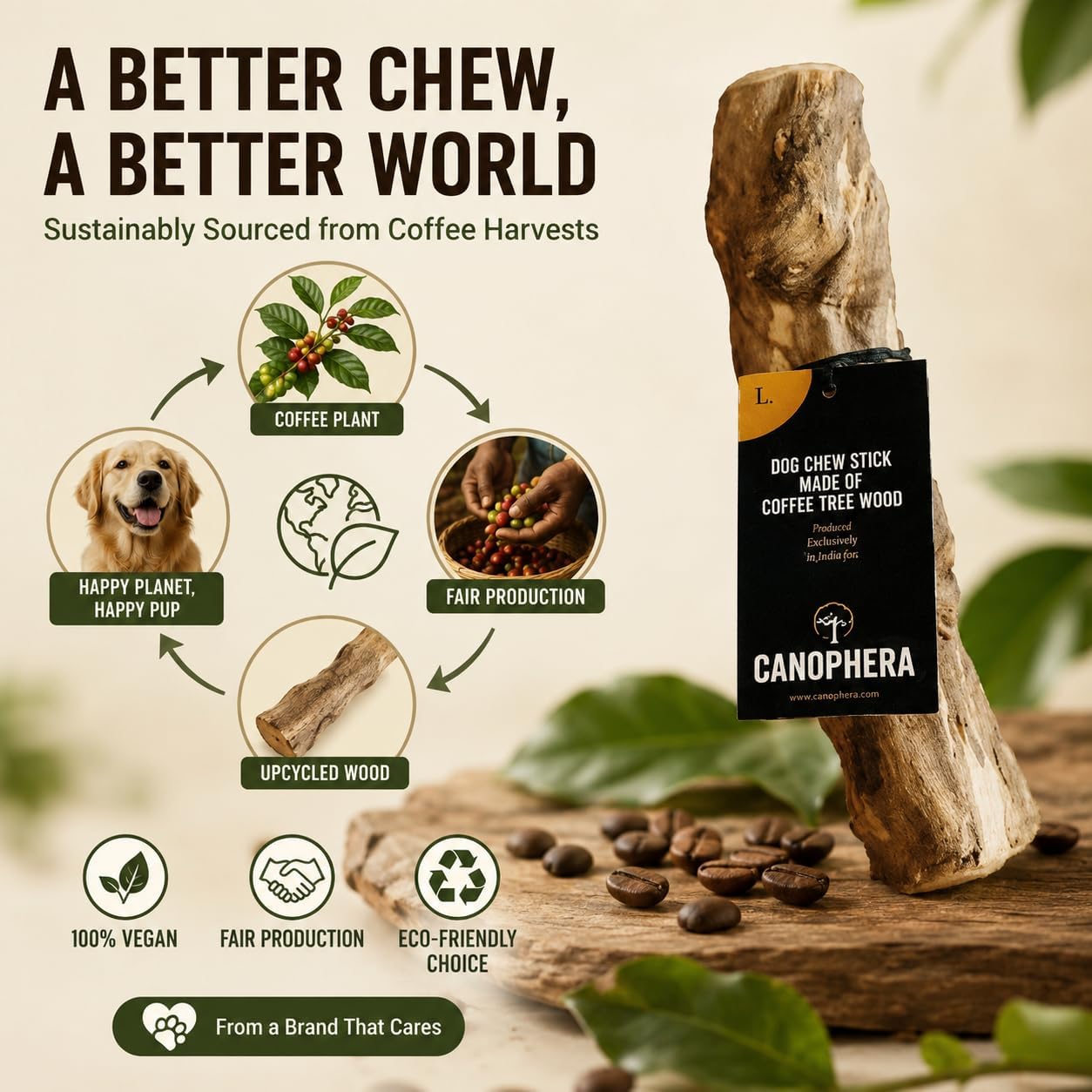 Canophera, Coffee Wood Dog chew Sticks for Regular chewers - Size Large