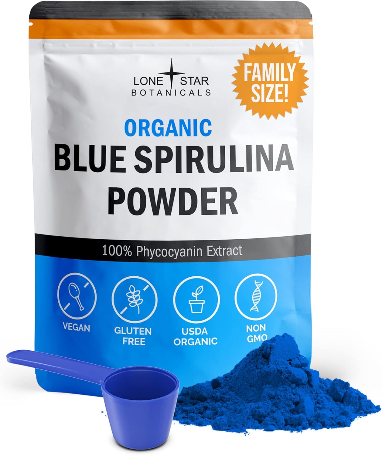 Lone Star, Organic Blue Spirulina Powder, 120 Servings - 100% Pure Superfood Blue-Green Algae, Natural Food Coloring for Smoothies & Protein Drinks - Non GMO, Gluten-Free, Vegan + USDA Certified, No Fishy Smell