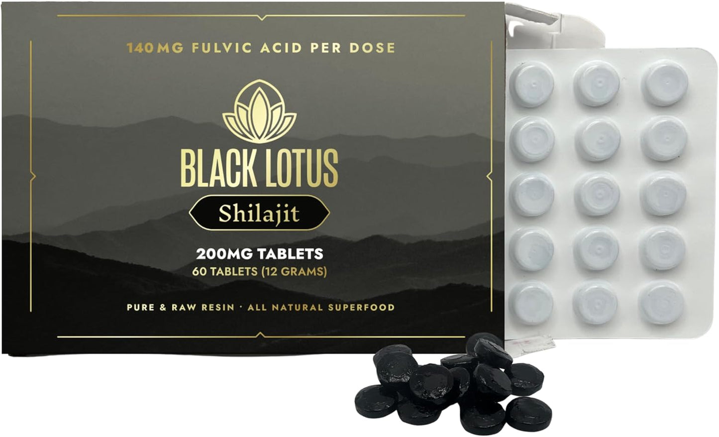 Black Lotus Shilajit, Resin Tablets, 60 Count, 200mg Each, 100% Pure Natural Shilajit for Men & Women with Amino Acids, 140mg Fulvic Acid, 85 Ionic Trace Minerals, for Immune Support, Focus, Energy