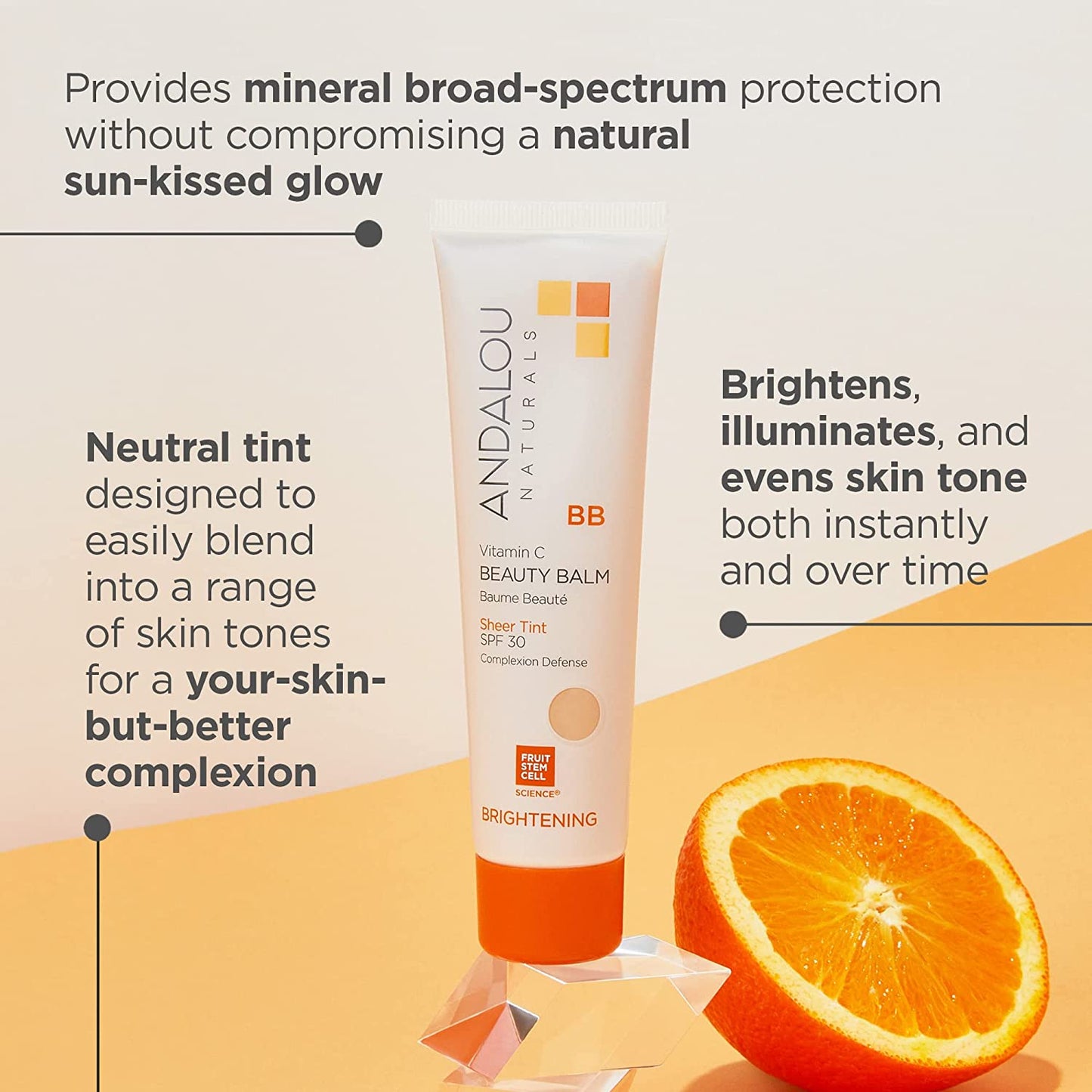 Andalou, Naturals Vitamin C BB Beauty Balm Sheer Tint SPF 30, 2-in-1 BB Cream & Face Sunscreen with Broad Spectrum Protection, Mineral Sunscreen with Non-Nano Zinc Oxide, 2 Fl Oz