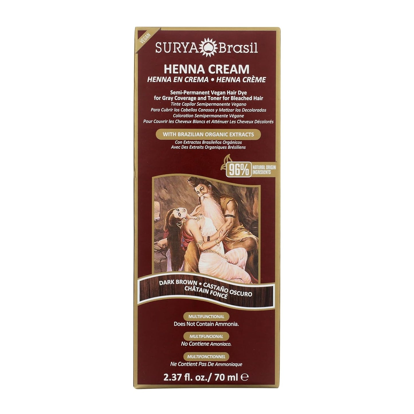 Surya Brasil, Henna Cream Dark Brown - 96% Natural Ingredients, Vegan, Cruelty-Free, Eco-Friendly, Semi-Permanent Hair Color, Deep Hydration & Shine, 2.37 oz