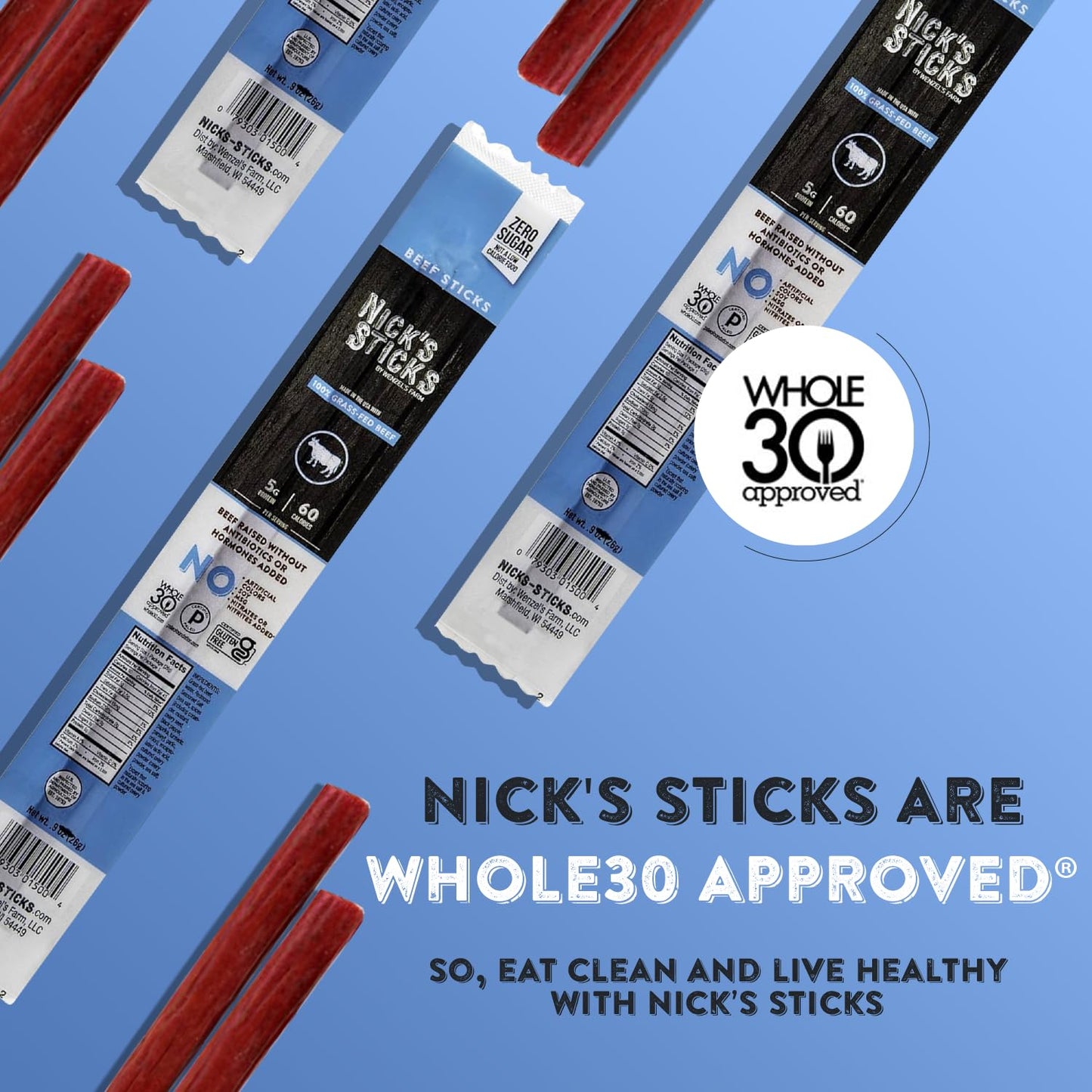 Nick's Sticks, Clean & Balanced 100% Grass-Fed Beef Snack Sticks | Made in the USA | Gluten Free | Paleo, Keto, Whole30 Approved | No Soy, Antibiotics or Hormones (25 – 1.7oz. Packs of 2 Sticks)